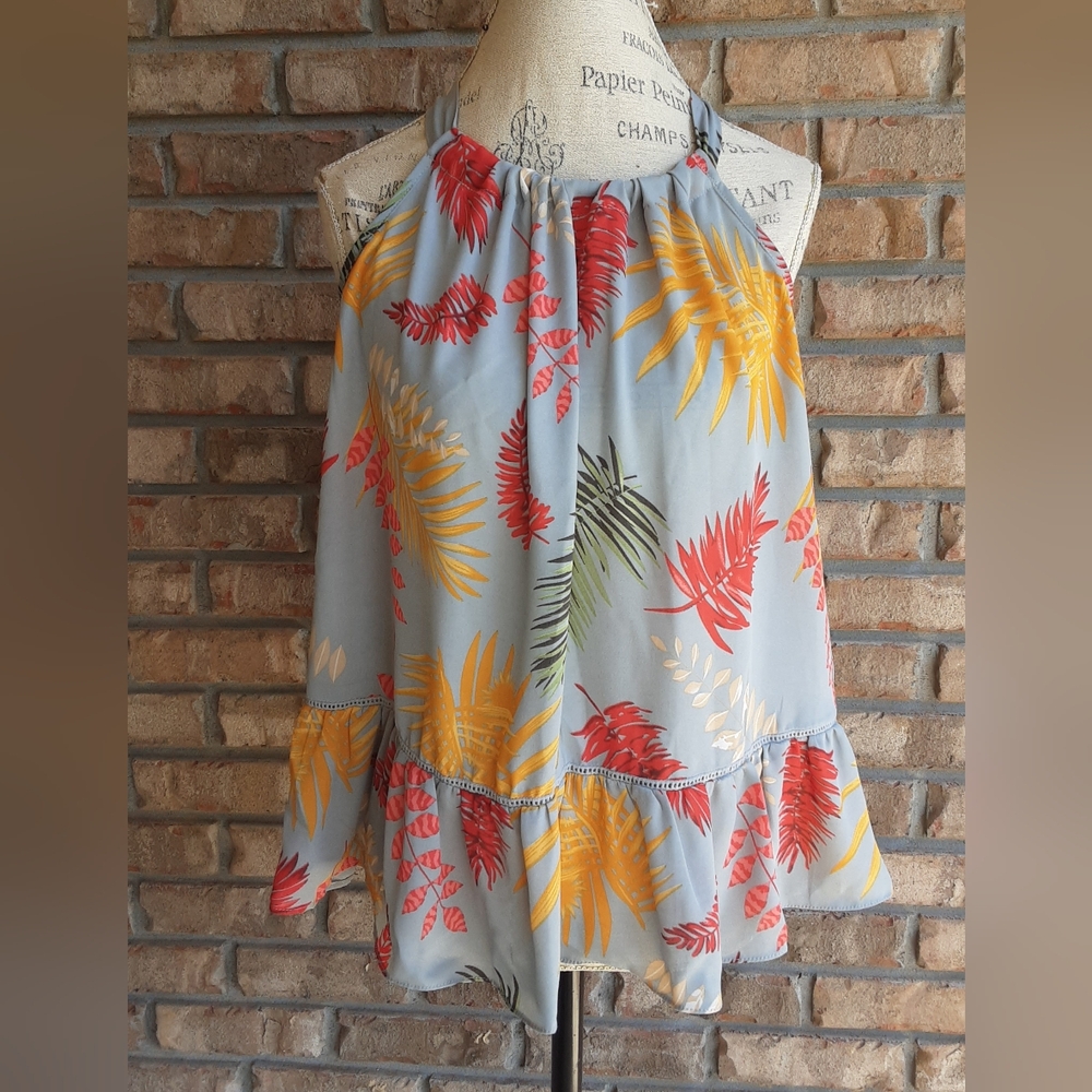 Hazel Leaf Print Halter Blouse - Red, Yellow, Green on Gray